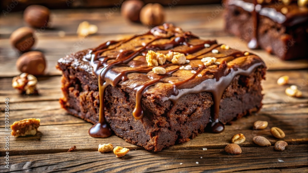 Poster a decadent chocolate brownie drizzled with rich chocolate ganache and topped with crunchy nuts, crea