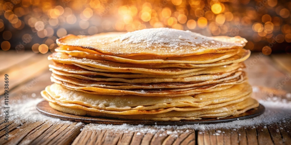 Poster a stack of golden brown pancakes dusted with powdered sugar on a rustic wooden table