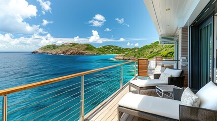 Fototapeta premium A scenic view from a balcony overlooking a turquoise sea and lush green hills.