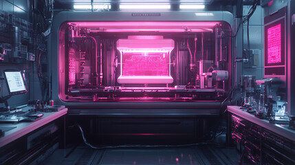 Obraz premium Advanced technology lab showcasing a pink-lit 3D printer in a futuristic workspace with computer monitors and machinery. Generative AI