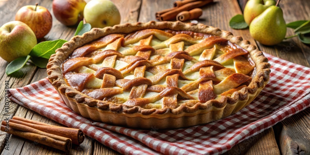 Poster a freshly baked apple pie with a golden crust, showcasing a lattice pattern of interwoven dough stri