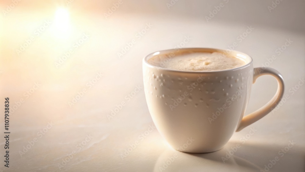 Aufkleber A warm cup of coffee with a creamy foam layer resting on a table with soft, natural lighting.