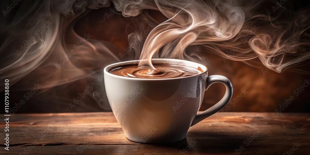 Poster a steaming cup of coffee on a rustic wooden table with wisps of steam rising up and swirling in the 