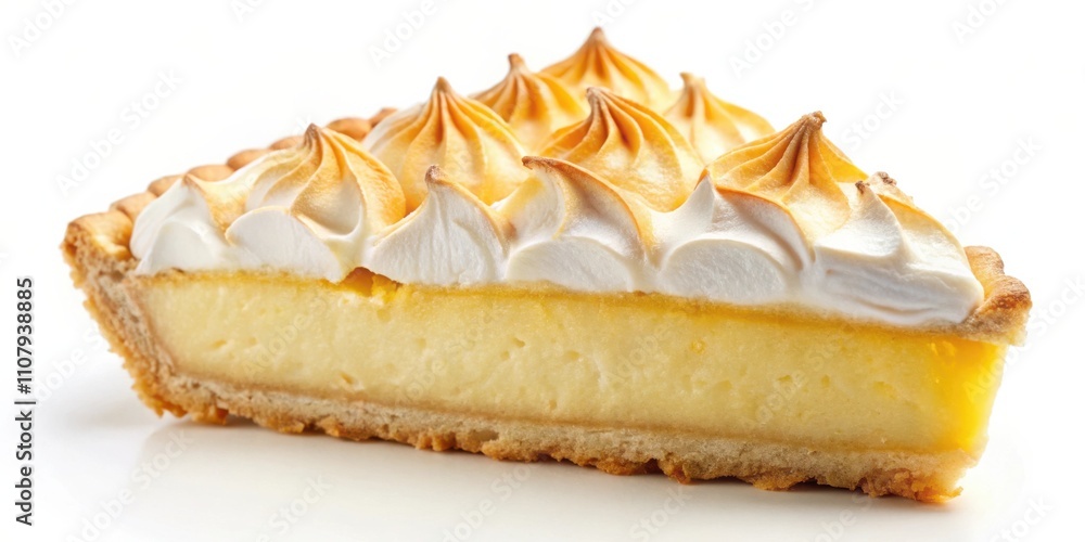 Poster a slice of lemon meringue pie with a golden crust and a fluffy, toasted meringue topping.