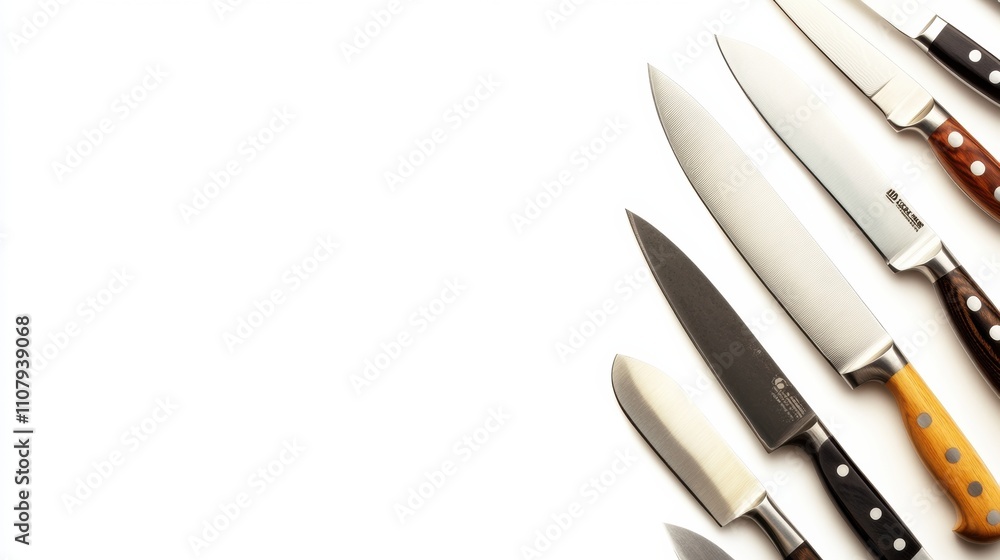 Poster a collection of kitchen knives neatly arranged on a white background, demonstrating different styles