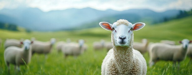 Grazing sheep in lush pastures countryside nature photography serene environment close-up view tranquility concept