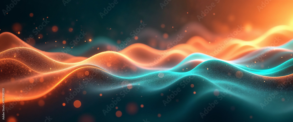 Poster abstract glowing light waves in orange and turquoise on a dark background.futuristic energy flow wit