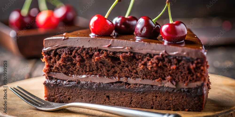 Poster a single slice of decadent chocolate cake topped with fresh cherries and a layer of rich chocolate i