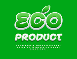 Vector eco logo Eco Product. Bright Artistic Font. White and Green Uppercase Alphabet Letters and Numbers set.
