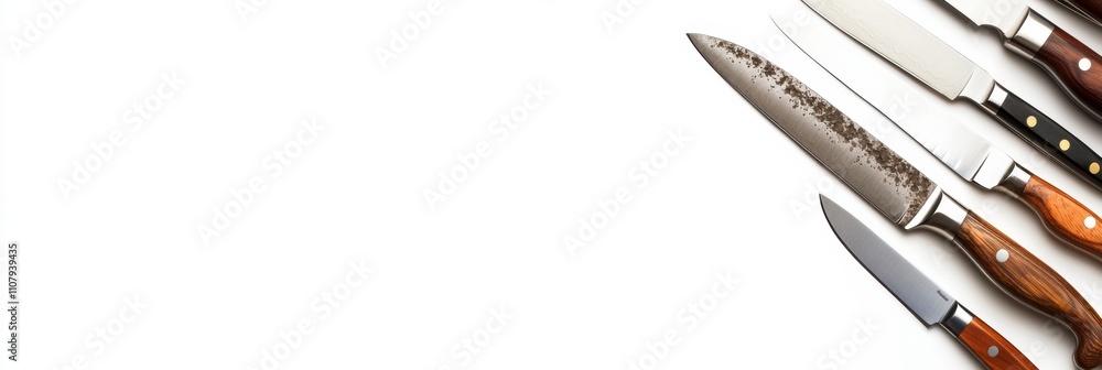 Poster a collection of kitchen knives is arranged neatly on a white surface, highlighting their shapes and 