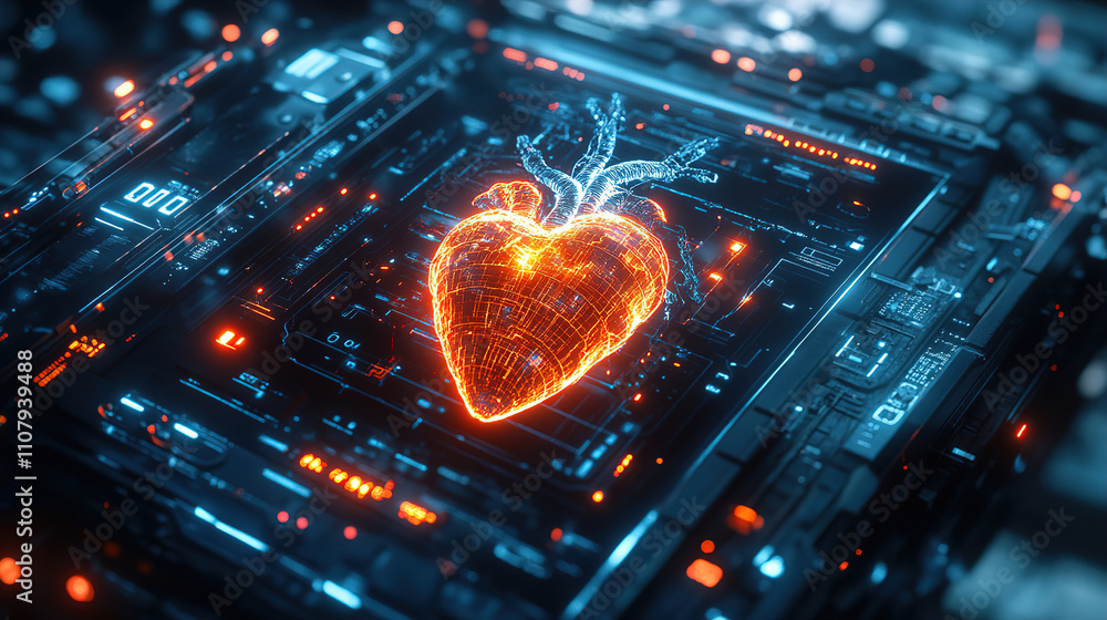 Aufkleber heart graphic displayed on a digital screen with glowing circuitry and data elements, showcasing tec