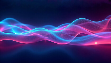 Abstract neon waves with pink and blue gradients on a dark background.Futuristic glowing light waves with textured particles.Luminescent flows of energy in a cosmic digital dreamscape

