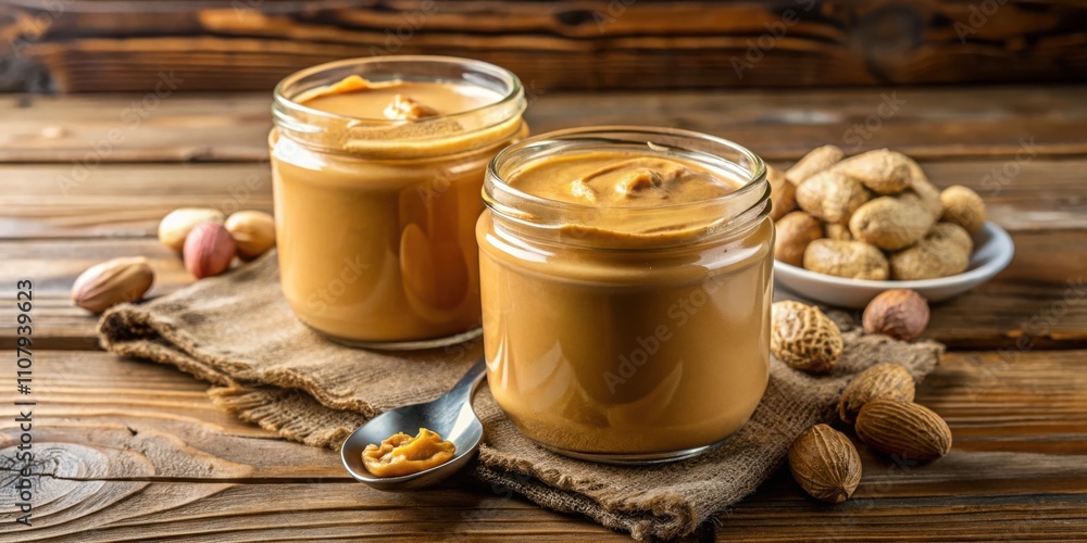 Poster A Close-Up of Two Jars of Creamy Peanut Butter With a Spoonful on a Rustic Wooden Table