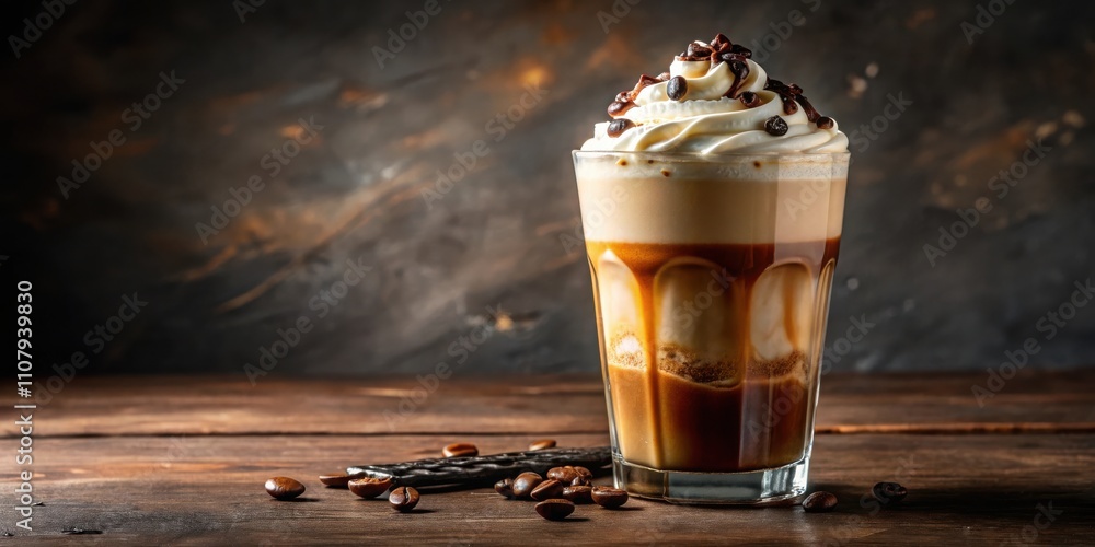 Poster a close-up of a refreshing iced coffee drink with a rich, creamy layer and chocolate sprinkles, rest