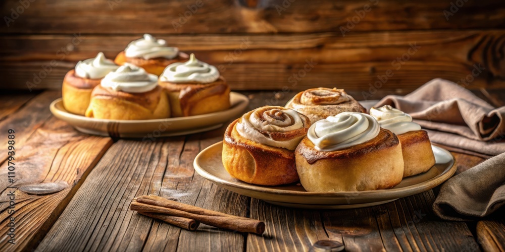 Poster sweet cinnamon rolls with creamy frosting and sticks of cinnamon on a rustic wooden table
