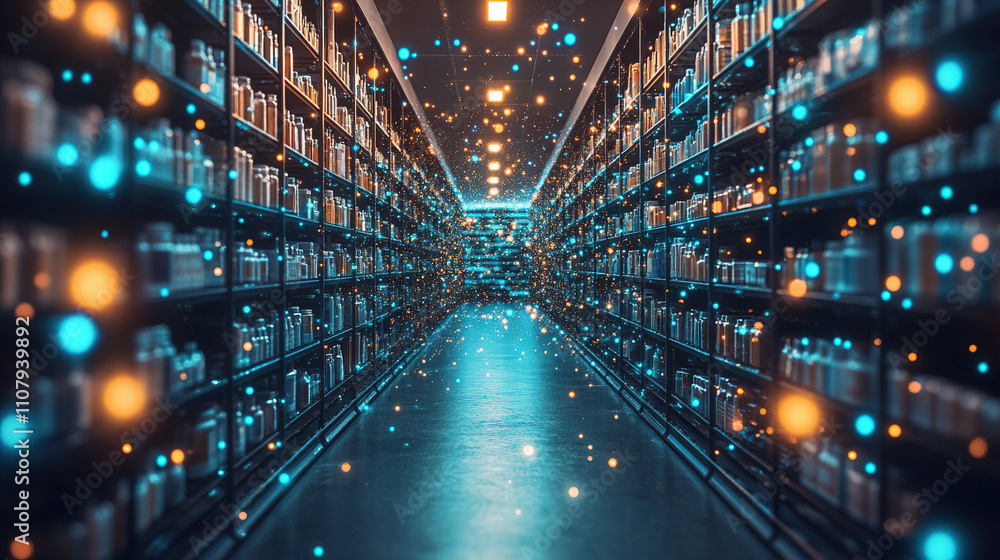 Poster shelves filled with books in a modern library at night illuminated by colorful lights creating a fut