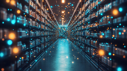 Shelves filled with books in a modern library at night illuminated by colorful lights creating a futuristic atmosphere. Generative AI