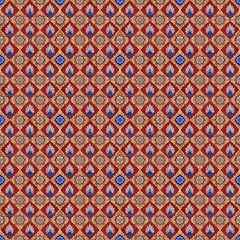 Red and Blue Geometric Pattern: A seamless, repeating pattern featuring intricate geometric shapes in shades of red, blue, and gold.