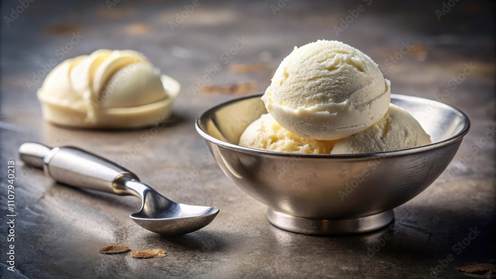 Aufkleber a close-up of creamy vanilla ice cream scoops in a silver bowl with a shiny ice cream scoop beside i