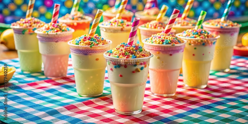 Poster A Colorful Array of Creamy Drinks Topped with Sprinkles and Straws on a Checkered Tablecloth