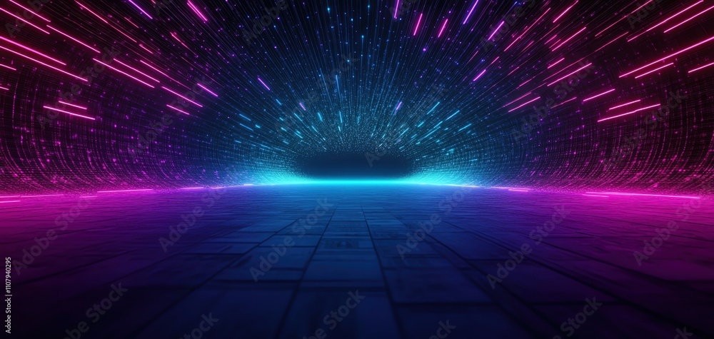 Poster a vibrant neon background with dynamic light patterns and futuristic elements.