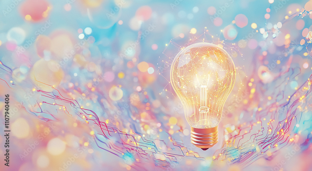 Poster Bright light bulb glows surrounded by colorful bokeh background, symbolizing creativity and innovation in a vibrant setting