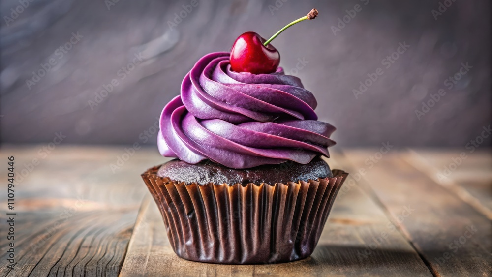 Poster a single chocolate cupcake topped with purple frosting and a bright red cherry, perched on a rustic 