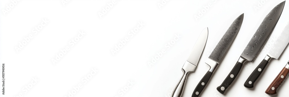 Poster different types of kitchen knives are displayed on a white surface, ideal for cooking enthusiasts or