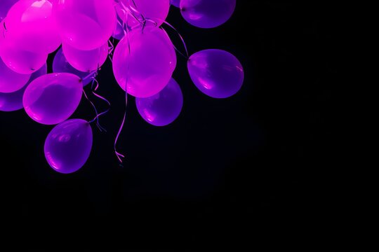 A vibrant 3D representation of a purple neon balloon drop decoration isolated against a dramatic black background.