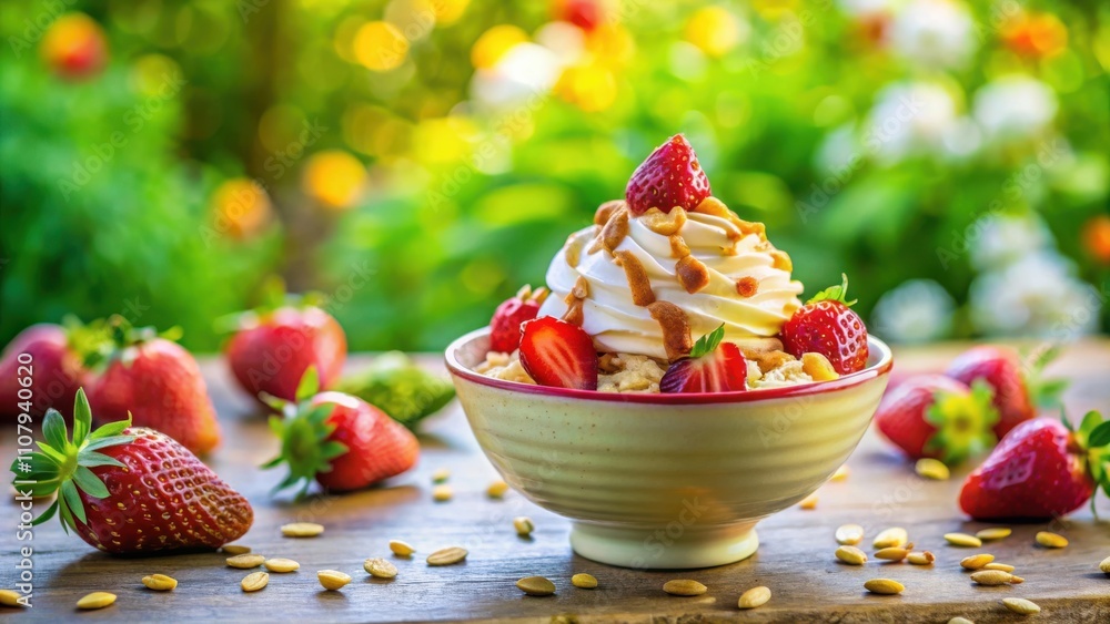 Poster a bowl of whipped cream with strawberries and toasted pecans on a wooden table with a blurred backgr