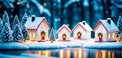 Christmas cottage in the village in the snowy forest among Christmas trees near the lake, banner, poster with bokeh highlights