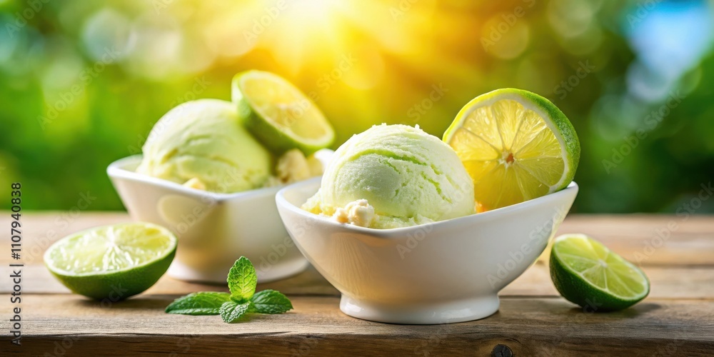 Poster refreshing lime ice cream in white bowls on a wooden table with green and yellow background