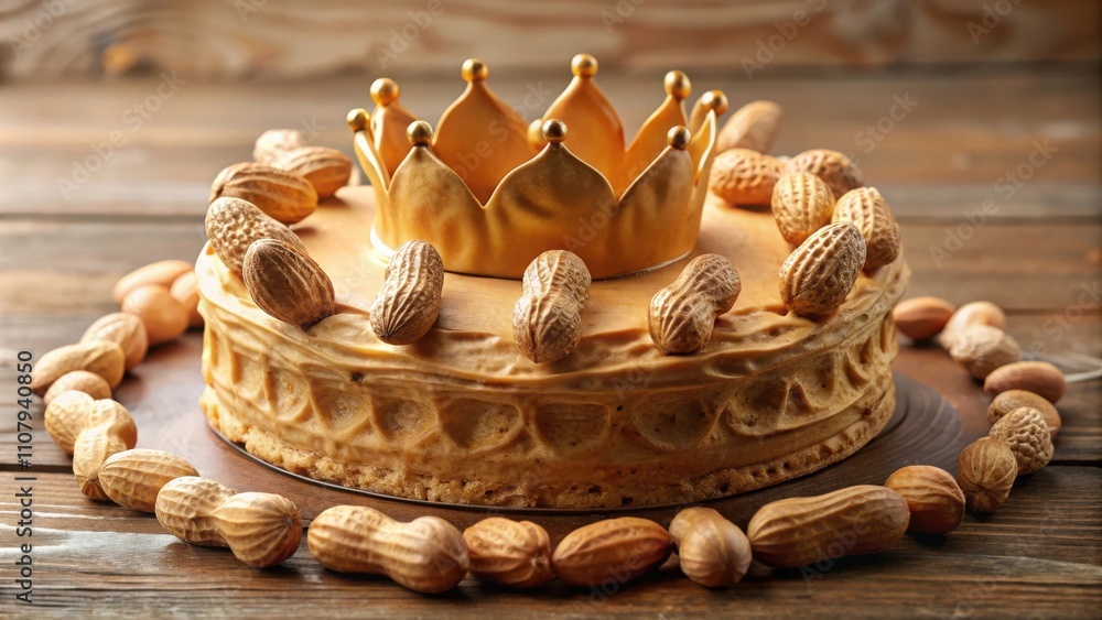 Poster a golden crown adorns a peanut butter cake, surrounded by a circle of shelled peanuts on a rustic wo