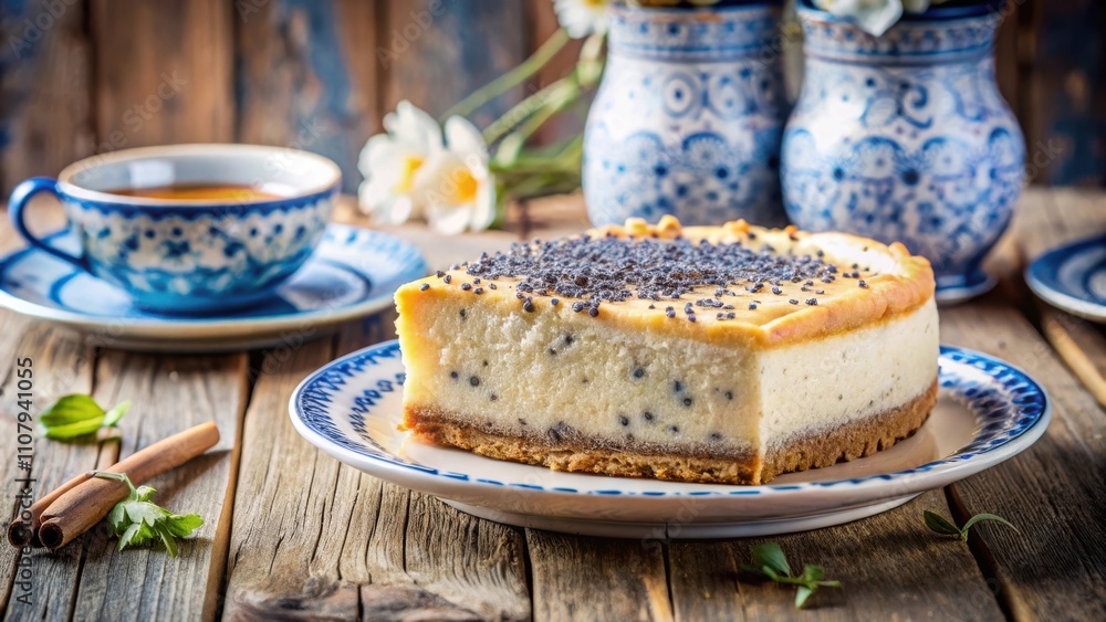 Poster a slice of poppy seed cheesecake on a blue and white patterned plate, sitting on a rustic wooden tab