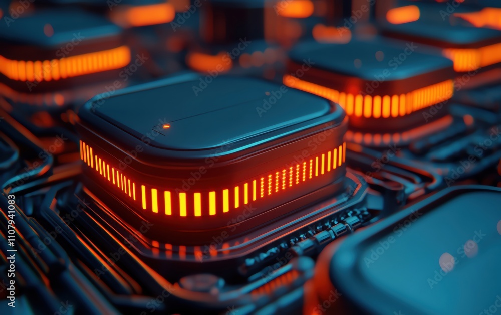 Poster close-up view of illuminated circuit board with vibrant orange lights and intricate design.