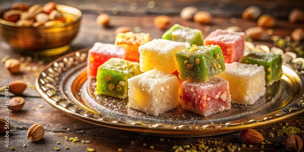 Poster a close-up shot of colorful turkish delight dusted with powdered sugar, displayed on a golden tray w