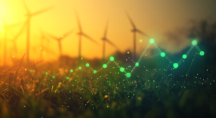 Wind turbines generating renewable energy with data visualization at sunset near a grassy field