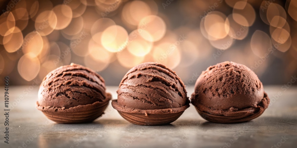 Poster Three Scoops of Rich Chocolate Ice Cream on a Tabletop with Bokeh Lights in the Background