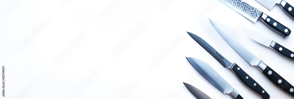 Poster A collection of various kitchen knives is neatly arranged on a white background, showcasing tools ideal for culinary tasks and food preparation. Generative AI