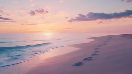 Obraz premium A serene beach at sunset with gentle waves and footprints in the sand.