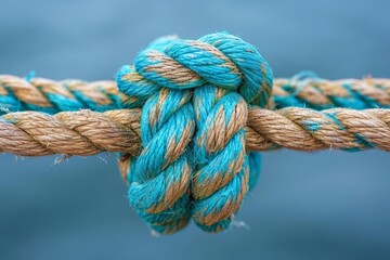 Fototapeta premium vibrant, detailed close-up of a blue and brown rope intricately tied into a tight knot, set against a soft-focus ocean backdrop, blending tradition with modern design