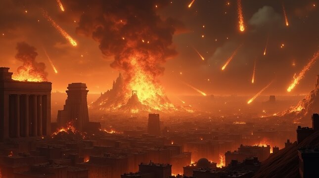 Dramatic Depiction of Sodom and Gomorrah's Destruction at Night
