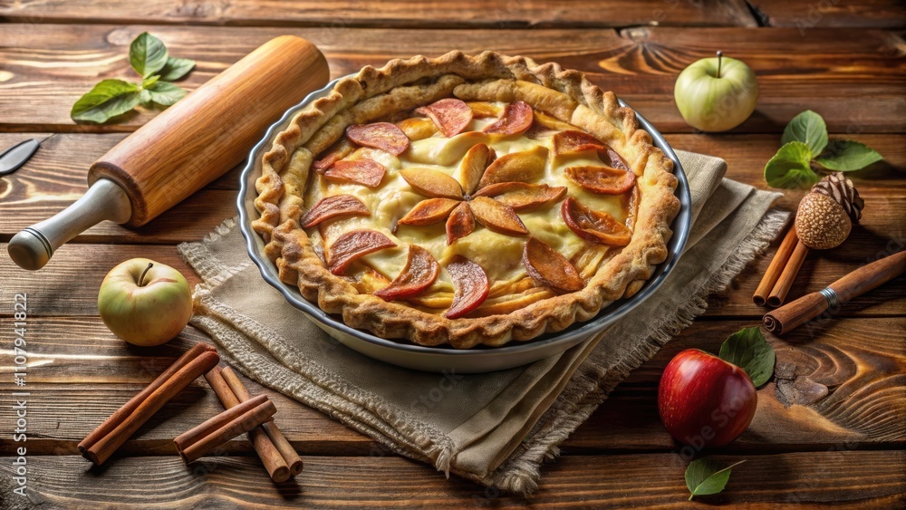 Poster a freshly baked apple pie with a golden crust, a dusting of powdered sugar, and a decorative arrange