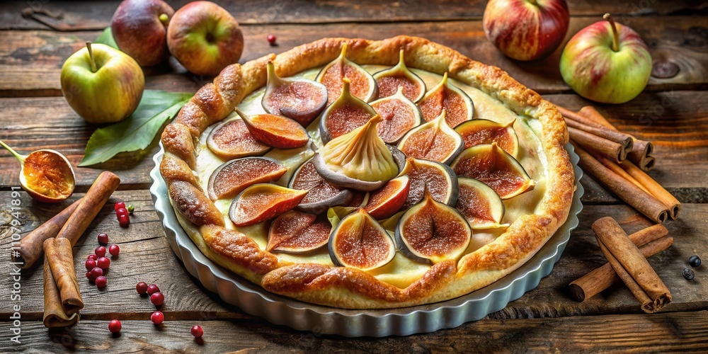 Poster a rustic fig and cream tart with cinnamon sticks and apples on a wooden table