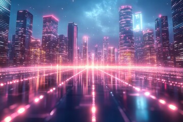 Futuristic City Skyline with Neon Lights