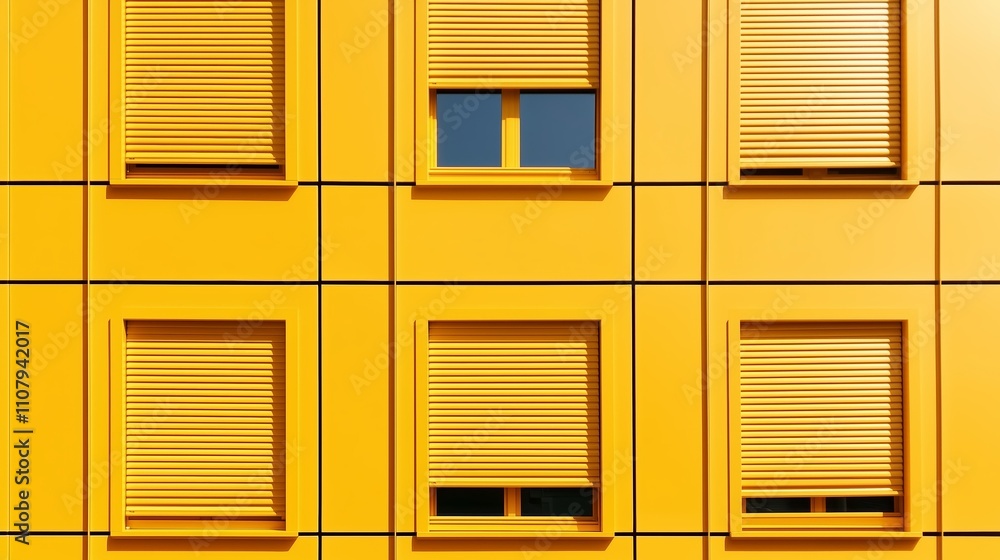 Poster bright yellow building facade with patterned windows showcasing unique architectural design and mode