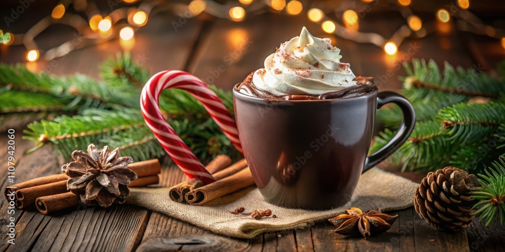 Aufkleber a festive mug of hot chocolate topped with whipped cream and sprinkled with cinnamon, resting on a r