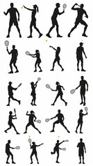 Silhouettes of Tennis Players in Dynamic Action Poses on White Background