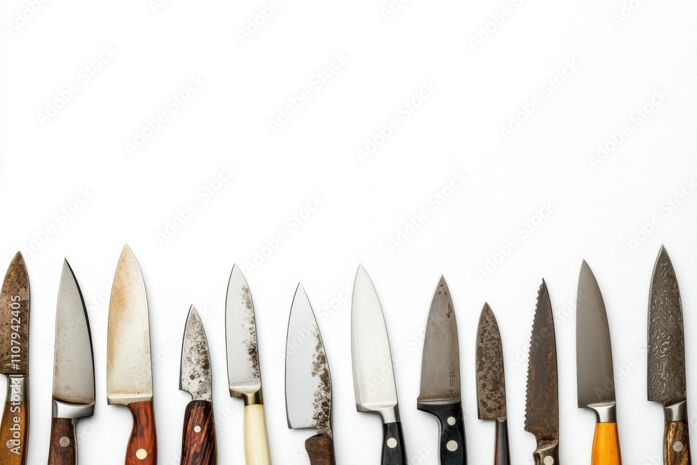Poster different types of kitchen knives are placed on a white background, showcasing their unique designs 