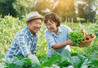 Smiling elderly couple working together in a vegetable garden, picking fresh produce and enjoying the fruits of their labor